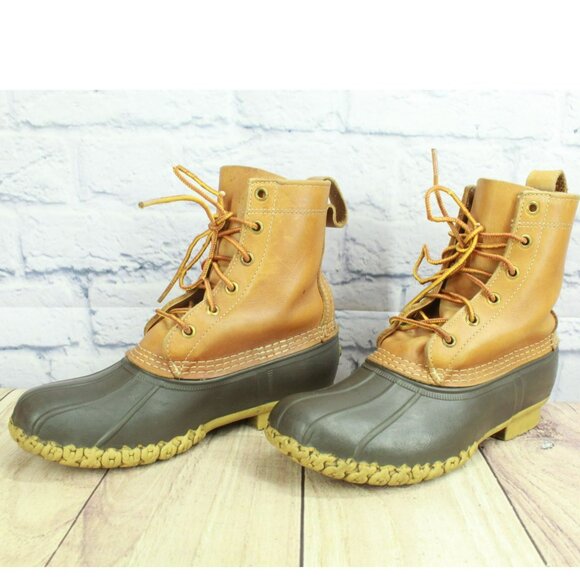 LL Bean Brown Unlined Ankle Duck Boots 8" Leather Lace Up Round Toe Size 7 M - Picture 2 of 11